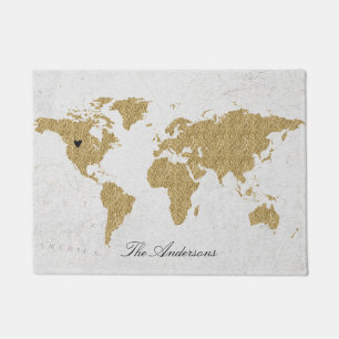 Gold Foil World Map Custom Moveable Heart Position Fußmatte