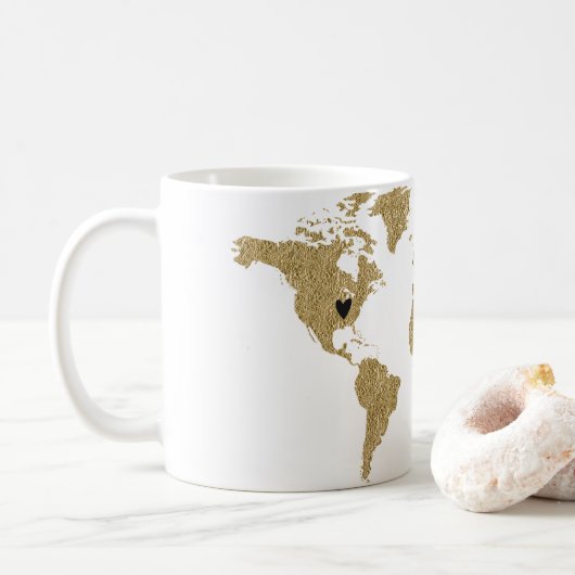 Gold Foil World Map Custom Moveable Heart Position Kaffeetasse (Mit Donut)