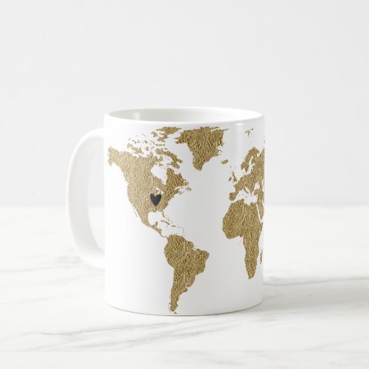 Gold Foil World Map Custom Moveable Heart Position Kaffeetasse (Vorderseite Links)