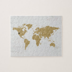 Gold Foil World Map Custom Moveable Heart Position Puzzle