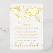 Gold Foil World Map Hochzeit in Urlaubsort Folieneinladung (Vorderseite)