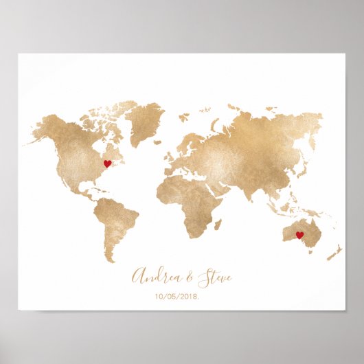 Gold Foil World Map mit beweglichem Herzen Paare Poster (Vorne)