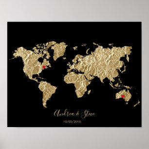 Gold Foil World Map mit herausnehmbaren Herzen Paa Poster