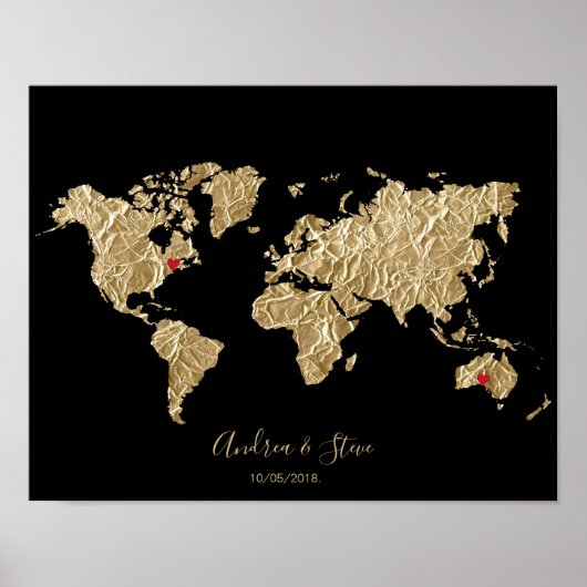 Gold Foil World Map mit herausnehmbaren Herzen Paa Poster (Vorne)