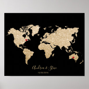 Gold Foil World Map mit herausnehmbaren Herzen Paa Poster