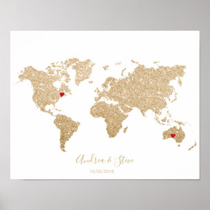 Gold Foil World Map mit herausnehmbaren Herzen Paa Poster