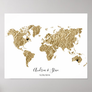 Gold Foil World Map mit herausnehmbaren Herzen Paa Poster