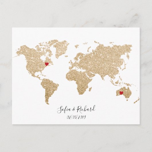 Gold Foil World Map mit herausnehmbaren Herzen Paa Postkarte (Vorderseite)