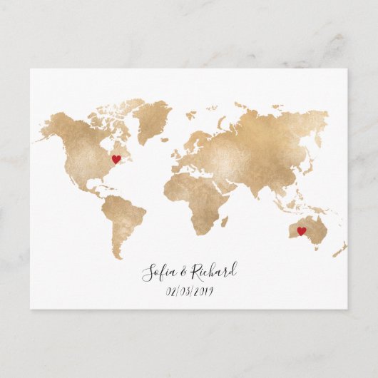 Gold Foil World Map mit herausnehmbaren Herzen Paa Postkarte (Vorderseite)
