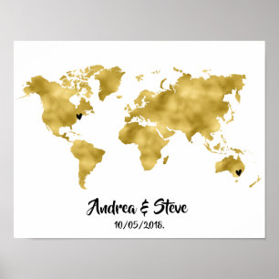 Gold Foil World Map mit Herz Paaren Poster
