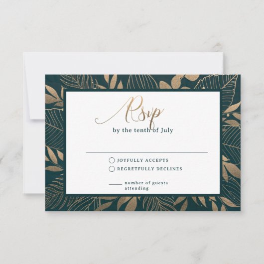 Gold Foliage Border Forest Green RSVP Karte (Vorderseite)
