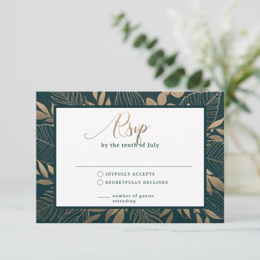 Gold Foliage Border Forest Green RSVP Karte (Stehend Vorderseite)