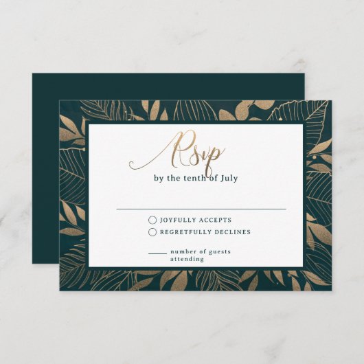 Gold Foliage Border Forest Green RSVP Karte (Vorne/Hinten)