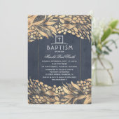 Gold Foliage Elegant Navy Blue Baptisse Einladung (Stehend Vorderseite)