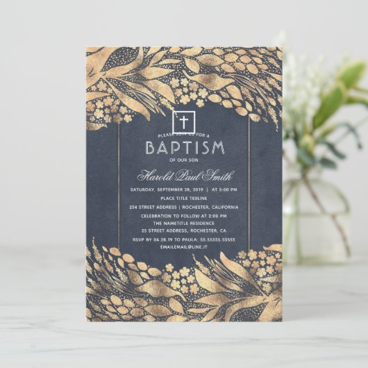 Gold Foliage Elegant Navy Blue Baptisse Einladung (Stehend Vorderseite)