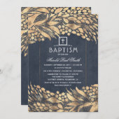 Gold Foliage Elegant Navy Blue Baptisse Einladung (Vorne/Hinten)