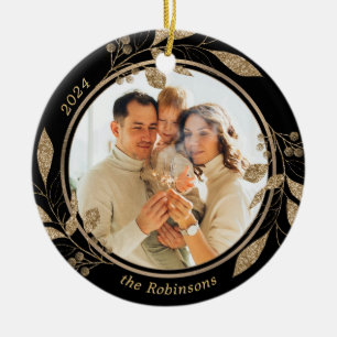 Gold Foliage Family Foto Black Christmas Keramik Ornament