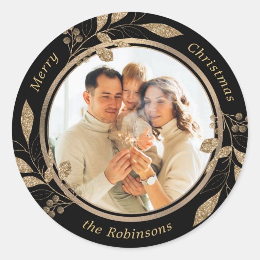 Gold Foliage Family Foto Black Christmas Runder Aufkleber (Vorderseite)