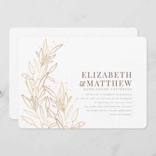 Gold Foliage Modern + Minimalistische Hochzeit Einladung (Vorne/Hinten)
