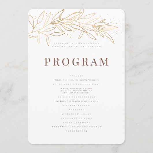 Gold Foliage Modern + Minimalistische Hochzeit Programm (Vorderseite)
