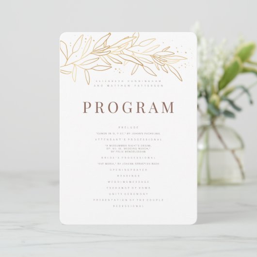 Gold Foliage Modern + Minimalistische Hochzeit Programm (Stehend Vorderseite)