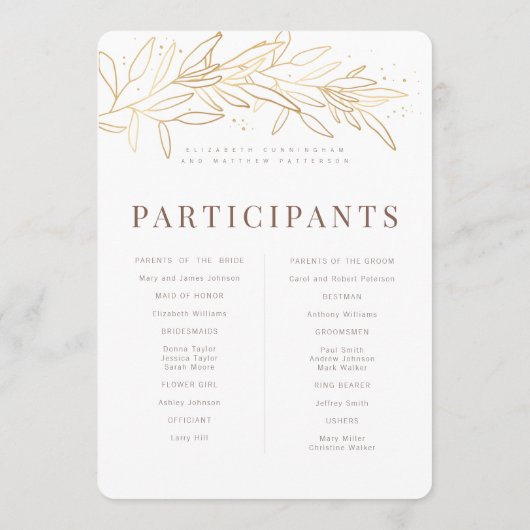 Gold Foliage Modern + Minimalistische Hochzeit Programm (Rückseite)