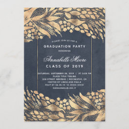 Gold Foliage Navy Blue Modern Graduation Party Einladung