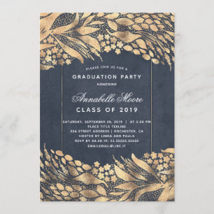Gold Foliage Navy Blue Modern Graduation Party Einladung