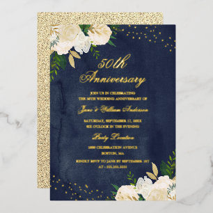 GOLD-FOLIE Navy Gold Floral 50. Jubiläum Folieneinladung