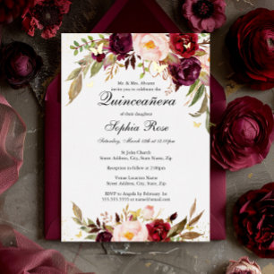 GOLD FOLIE Rouge Burgund Floral Quinceanera  Folieneinladung