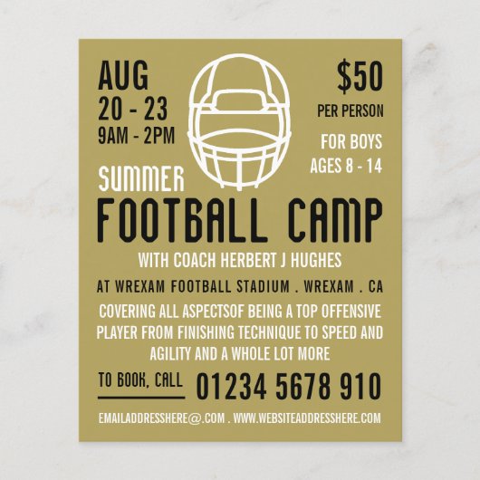 Gold Football Helm, Fußball Camp Werbung Flyer (Vorne)