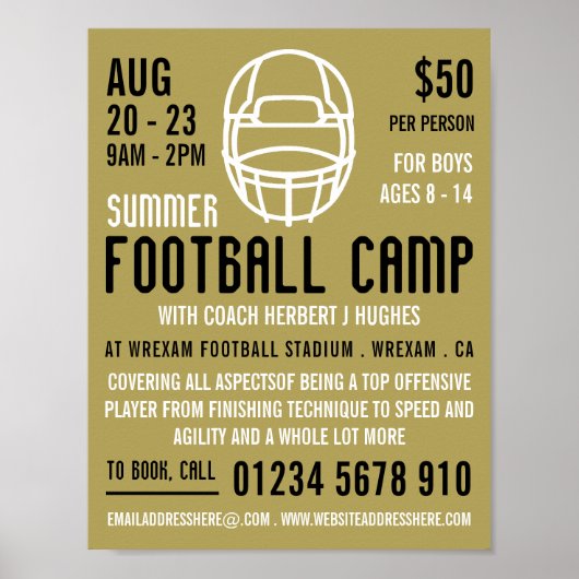 Gold Football Helm, Fußball Camp Werbung Poster (Vorne)