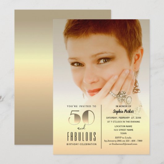 Gold Foto 50. Geburtstag Einladung (Vorne/Hinten)