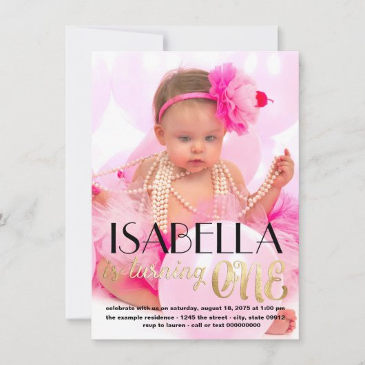 Gold Foto Einladung zum 1. Geburtstag (Vorderseite)