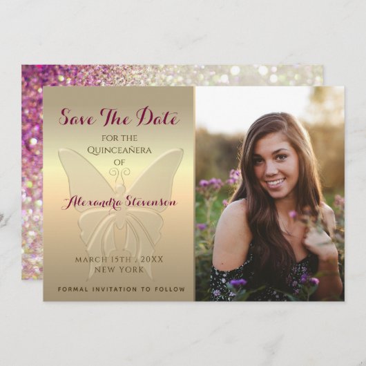 Gold Foto Quinceanera Save The Date (Vorne/Hinten)