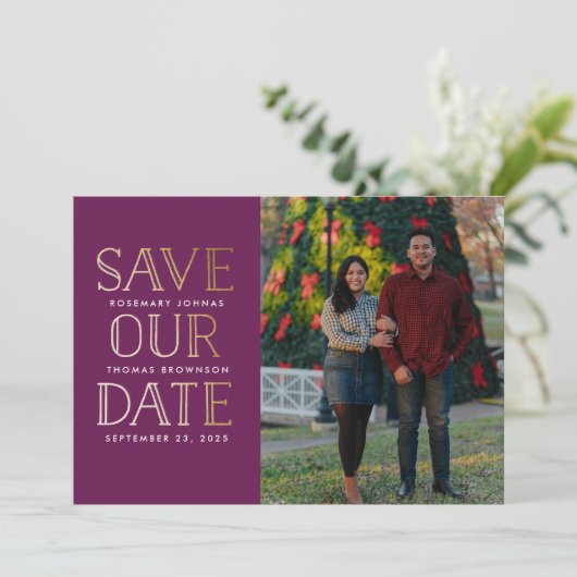 Gold-Foto Save the Date gestapelt (Stehend Vorderseite)