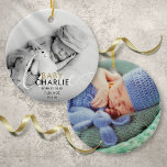 Gold Foto Script Baby Birth Stats Ankündigung Keramik Ornament<br><div class="desc">Moderne Gold Foto Baby Geburt Ankündigung Ornament, um Ihr schönes Neugeborenes vorzustellen. Auf der Vorderseite befindet sich ein Foto Ihres Babys sowie schicker Gold- und schwarzer Text für den Namen Ihres Babys und die Geburtsstatistiken, auf der Rückseite befindet sich ein zweites Foto. Ein schöner Sake um Ihre neue Ankunft zu...</div>