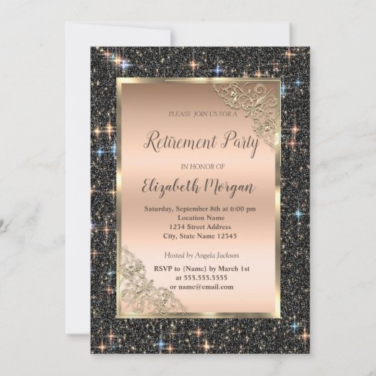 Gold Frame Black Glitzer Sparkorder Einladung (Vorderseite)