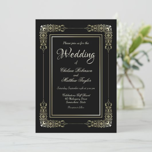 Gold Frame Black Wedding Einladung (Stehend Vorderseite)