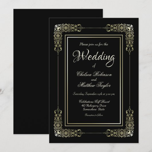 Gold Frame Black Wedding Einladung (Vorne/Hinten)