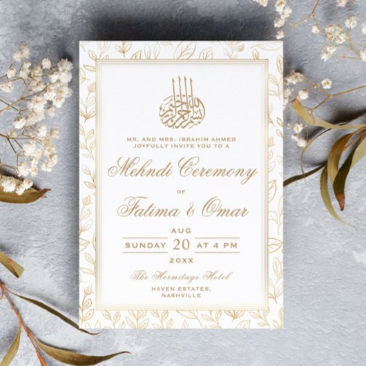 Gold Frame Blätter Muster Islamische Mehndi Zeremo Einladung