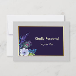 Gold Frame Blue Boho Floral Wedding RSVP Karte