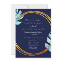 Gold Frame Blue Navy Monogram Tropical Bridal Wedd