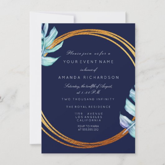 Gold Frame Blue Navy Monogram Tropical Bridal Wedd Einladung (Vorderseite)