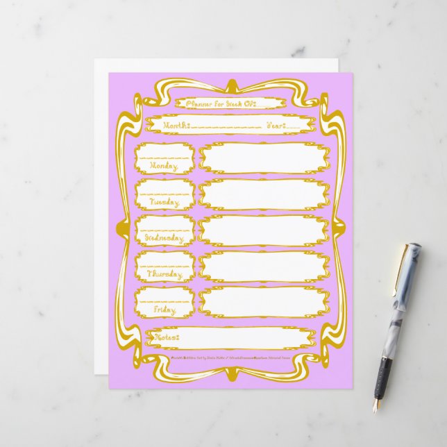 Gold Frame Border Fabric Font Weekday Planner (Vorderseite/Rückseite Beispiel)