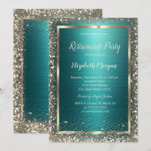 Gold Frame Border Green Metallic Retirement Einladung (Vorne/Hinten)