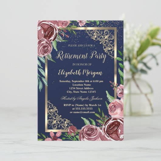 Gold Frame Burgund Rose Navy Blue Retirement Einladung (Stehend Vorderseite)