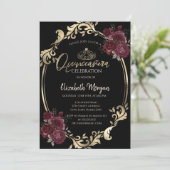 Gold Frame Burgundy Rose Black Quinceañera Einladung (Stehend Vorderseite)