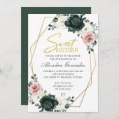 Gold frame emerald green floral Sweet 16 invite Einladung (Vorne/Hinten)