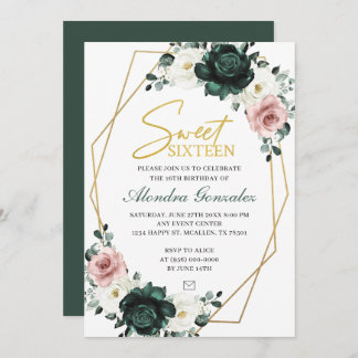 Gold frame emerald green floral Sweet 16 invite Einladung
